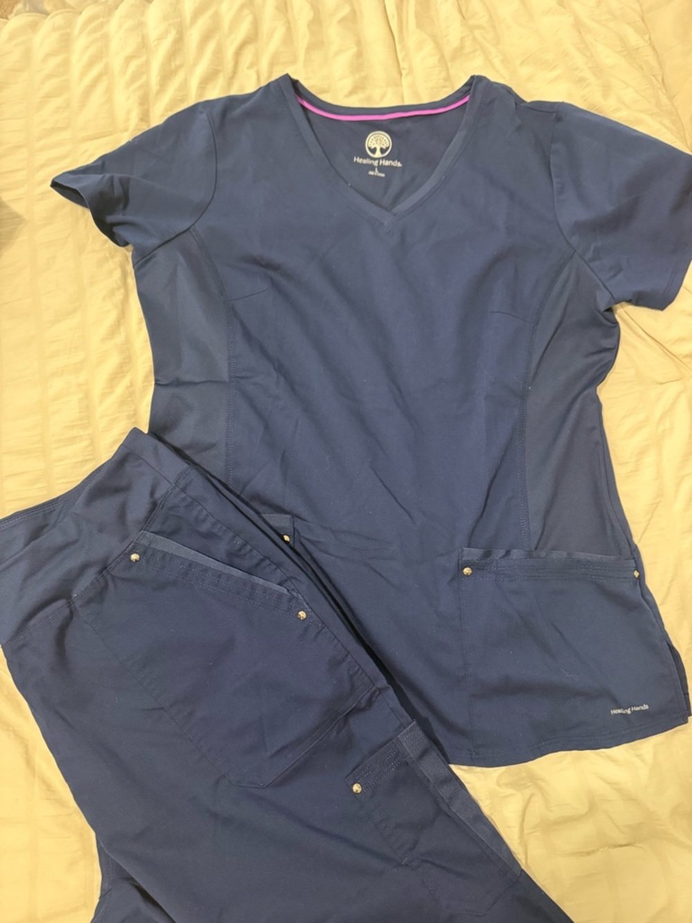 healing hands Navy V-Neck Scrub Top and Pants Duo